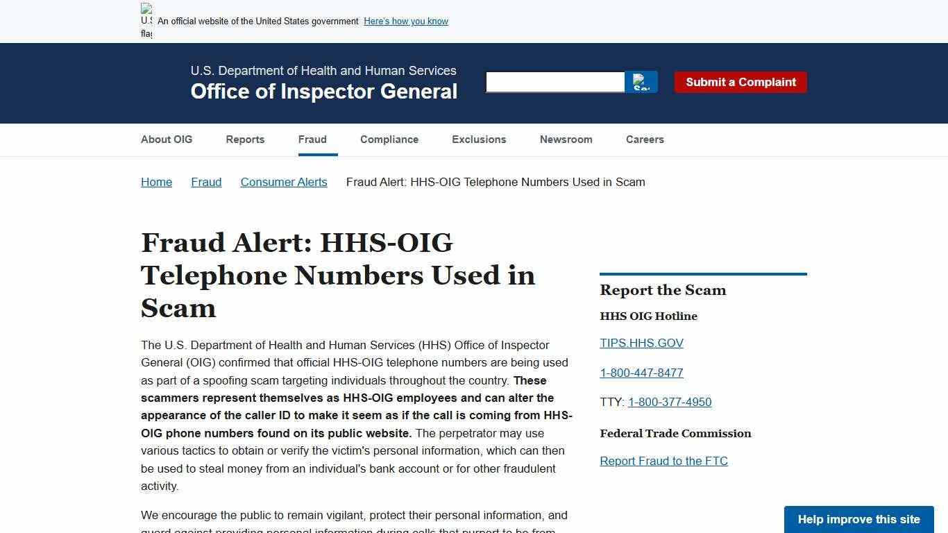 HHS-OIG Telephone Numbers Used in Scam Office of Inspector General Government Oversight U.S. Department of Health and Human Services